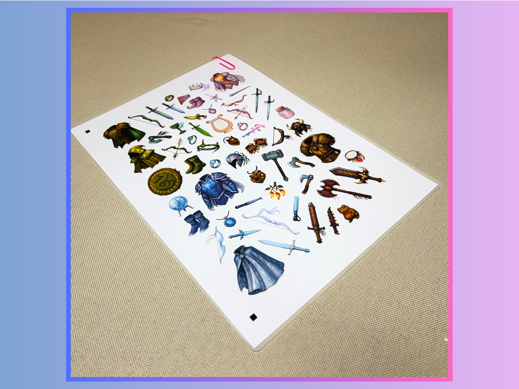 Magic Items, Vol. 1 - Ranger, Mage, Bard, Barbarian | Repositionable A4 Inventory Sticker Sheet